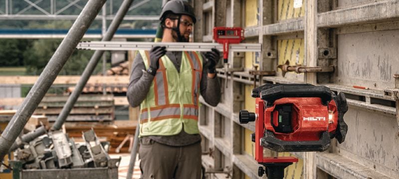 PR 40-22 Nível de laser rotativo Nível laser rotativo exterior robusto com funções automáticas para nivelamento, alinhamento, inclinação e esquadro (Nuron Plataforma à bateria) Aplicações 1