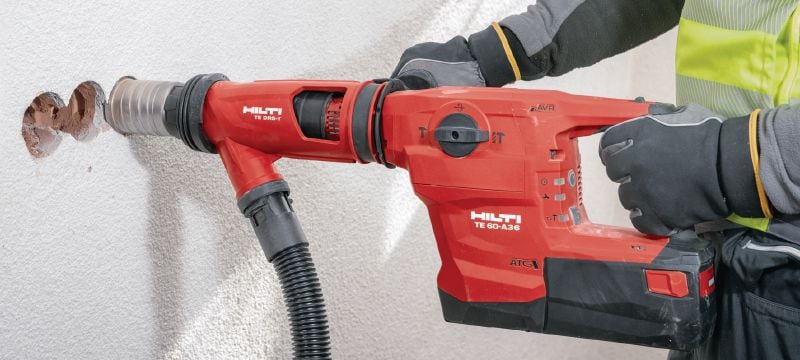 TE 60-A36 Martelo perfurador a bateria Martelo combinado SDS Max a bateria de alto desempenho com AVR (Redução ativa da vibração) e ATC (Controle ativo do torque) para perfurações e cinzelamentos em concreto de alta resistência Aplicações 1