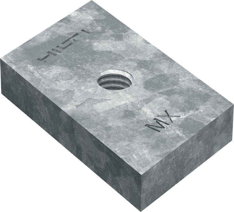 Chapa de escora roscada MT-FP HDG Chapa de fixação com orifício rosqueado para fixação do meio nas calhas de escora, para uso externo com poluição baixa