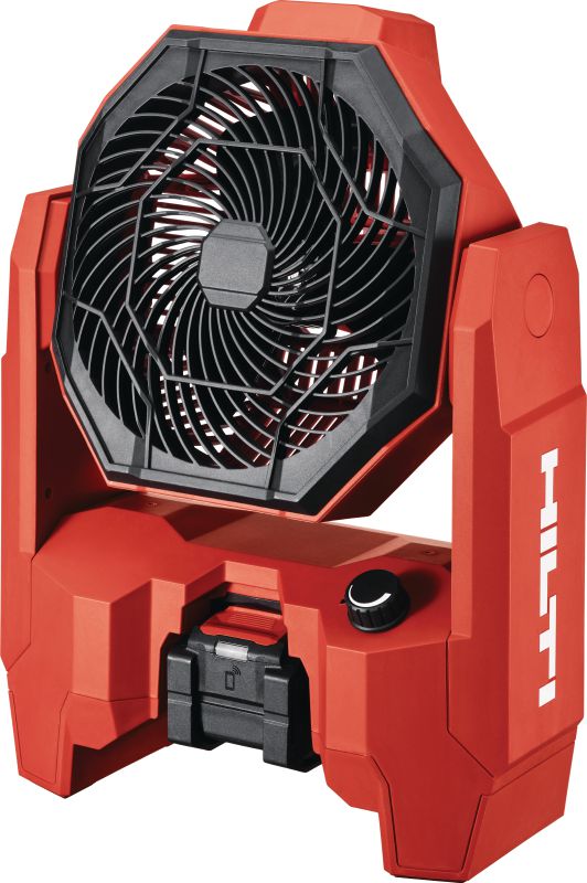 Ventoinha a bateria para estaleiros de obras KCF 4-22 Potente ventoinha para refrigerar e ventilar áreas de trabalho nos estaleiros de obras com autonomia da bateria para o dia inteiro, cabeça giratória e ganchos para pendurar (plataforma de baterias Nuron)
