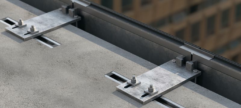 HAC-V Calha de ancoragem padrão Calhas com ancoragem pré-construída com capacidade de carga aprimorada e múltiplas profundidades de embutimento, para fixação econômica de fachadas de parede cortina Aplicações 1