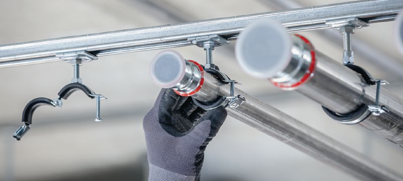 Gancho para tubos de fechamento rápido leve MP-L-I (isolamento acústico) Gancho para tubos galvanizado premium com fechamento rápido para aplicações leves econômicas Aplicações 1