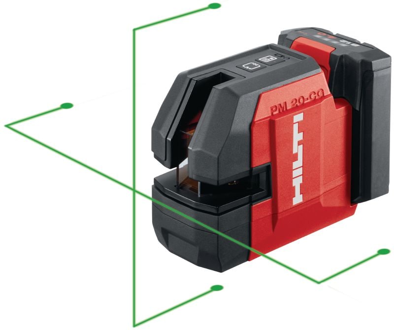 PM 20-CG Laser de prumo e de linhas cruzadas de 12 V Laser universal de feixe de luz verde com 2 linhas e 5 pontos para prumo, nivelamento, alinhamento e esquadrinhamento (plataforma à bateria de 12 V)