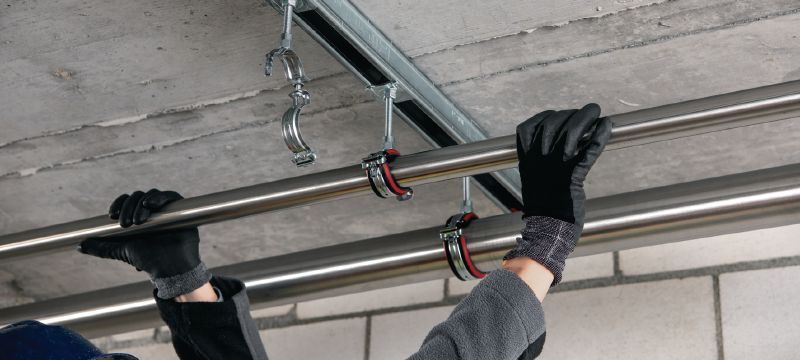 Gancho para tubos de fechamento rápido MP-U Gancho para tubos galvanizado premium com fechamento rápido tendo em vista alta produtividade em aplicações de malha (sem isolamento acústico) Aplicações 1
