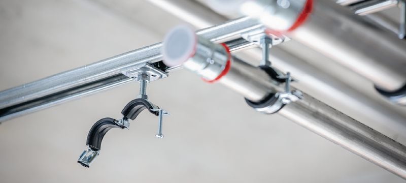 Gancho para tubos de fechamento rápido leve MP-L-I (isolamento acústico) Gancho para tubos galvanizado premium com fechamento rápido para aplicações leves econômicas Aplicações 1