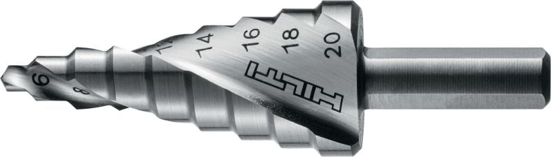 Broca escalonada HSS Broca escalonada HSS com haste de 3 planos para perfuração mais rápida de furos em metal usando uma furadeira